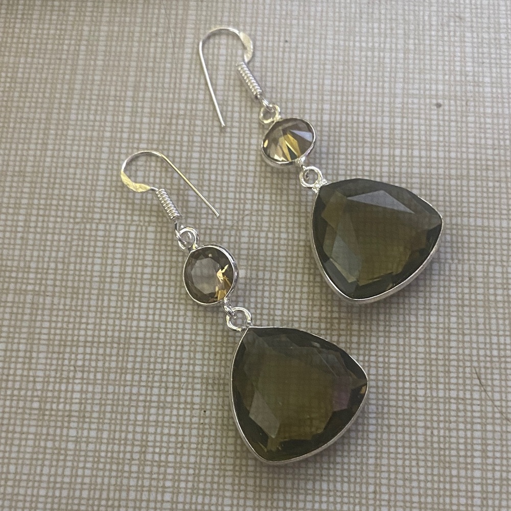 Two tone smoky quartz Artisan handcrafted Faceted Teardrop Dangle Earrings - - Picture 2 of 7